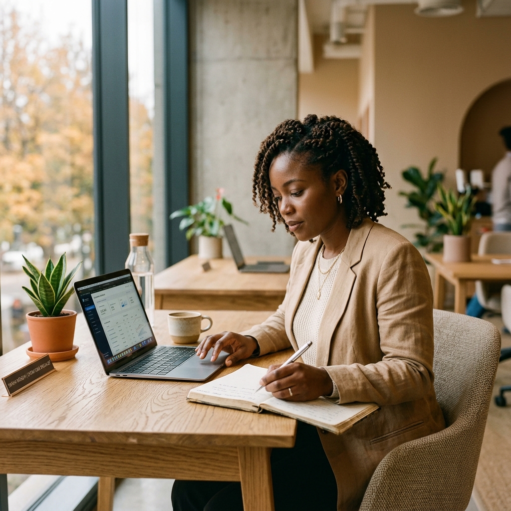 Candid portrait of Damola Kenny away from her desk