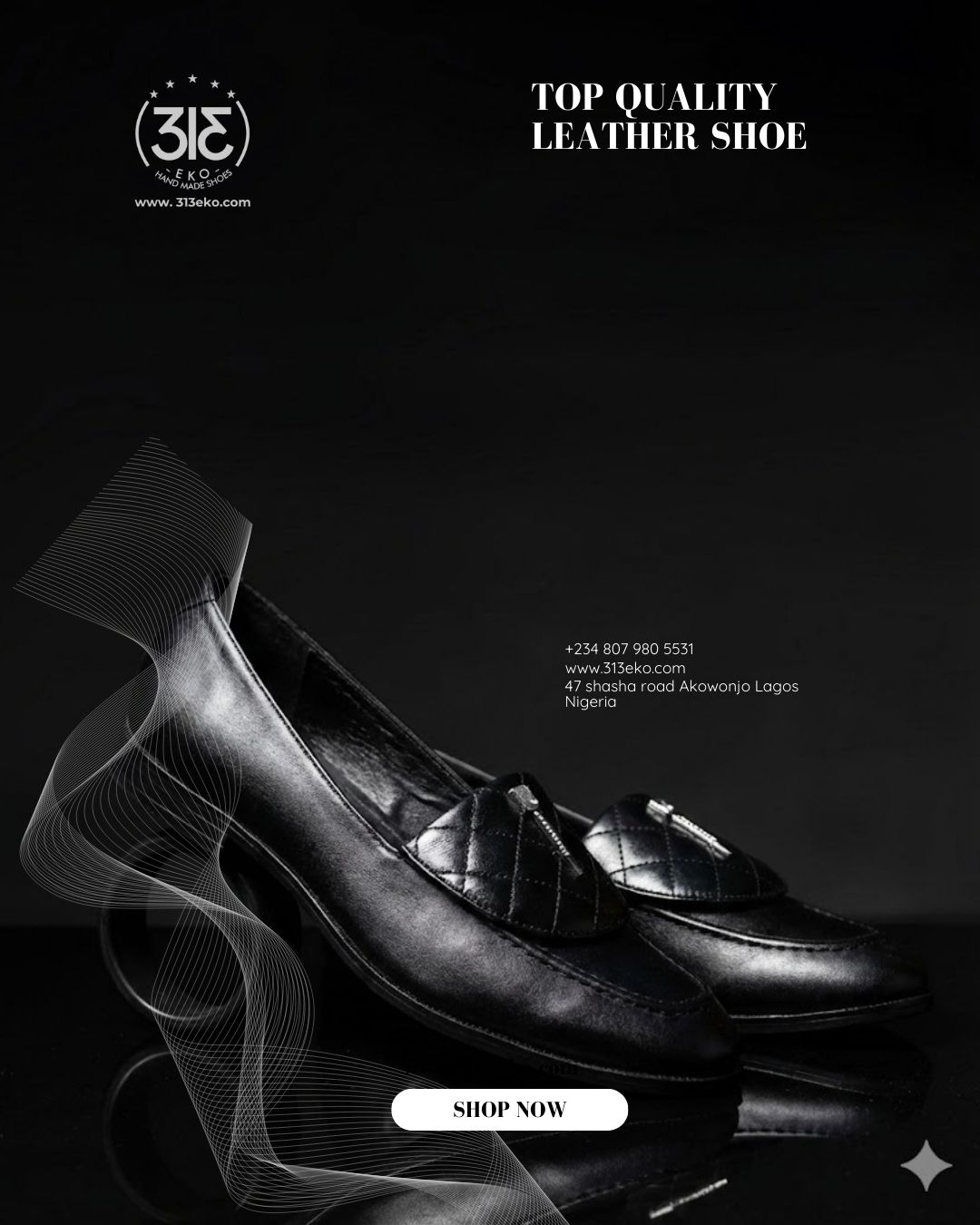Dark editorial social post of a black leather shoe with smoke