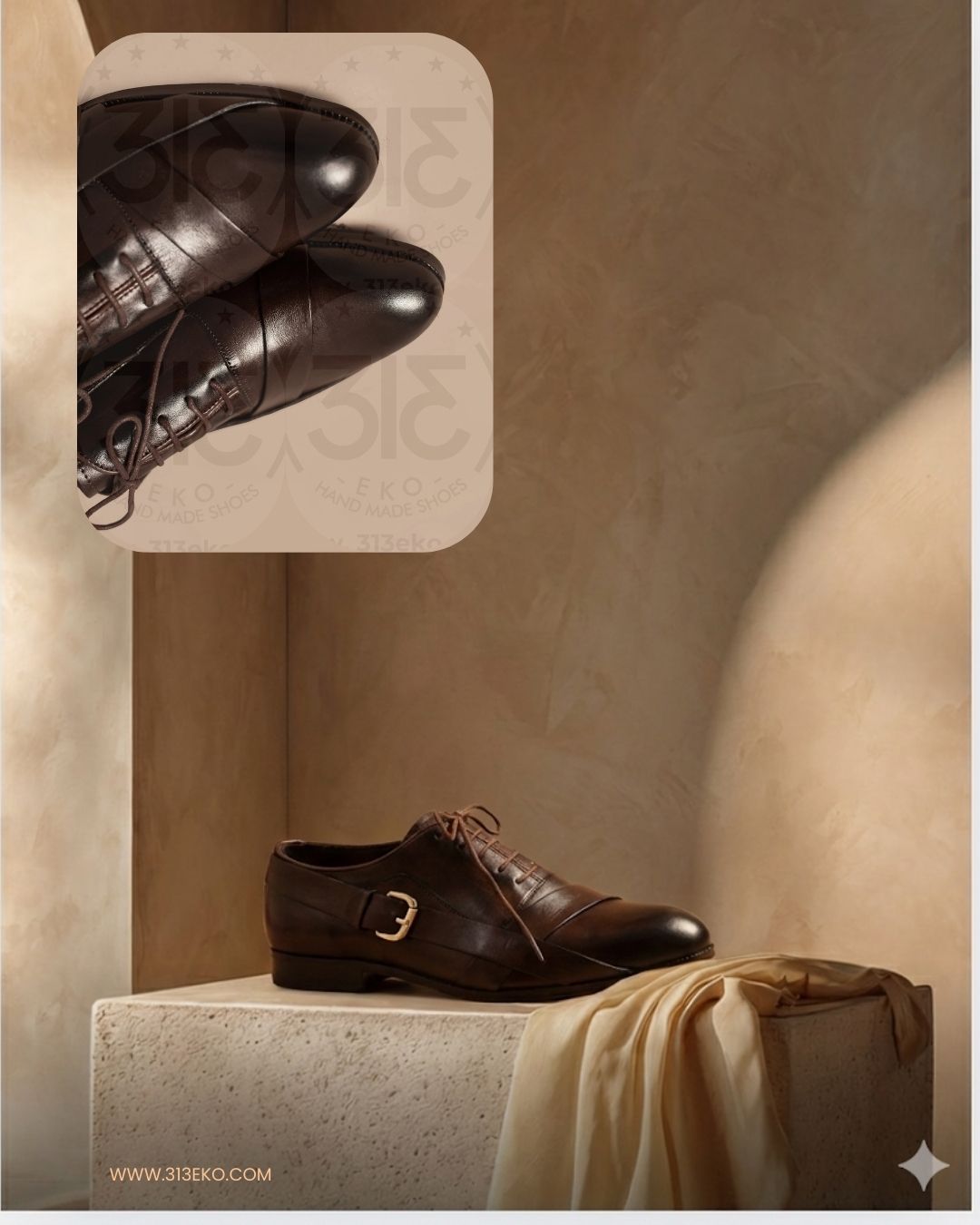 Warm still-life composition of brown oxford shoes with draped fabric