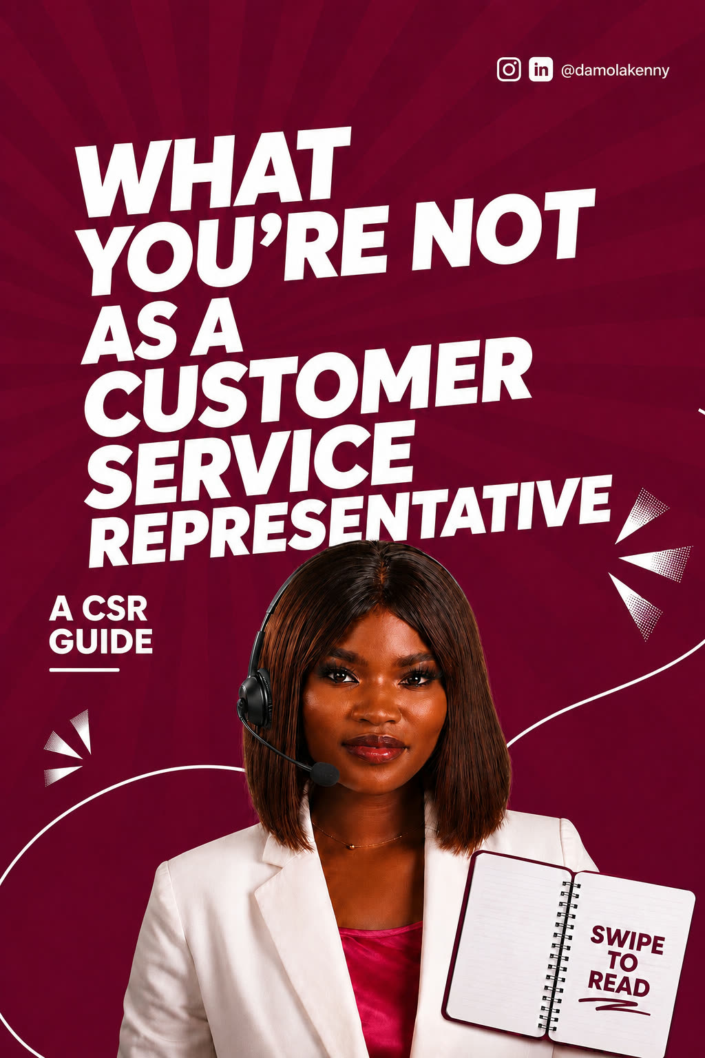 Burgundy carousel cover reading What You're Not As A Customer Service Representative, A CSR Guide, with a headset portrait and a Swipe To Read notebook