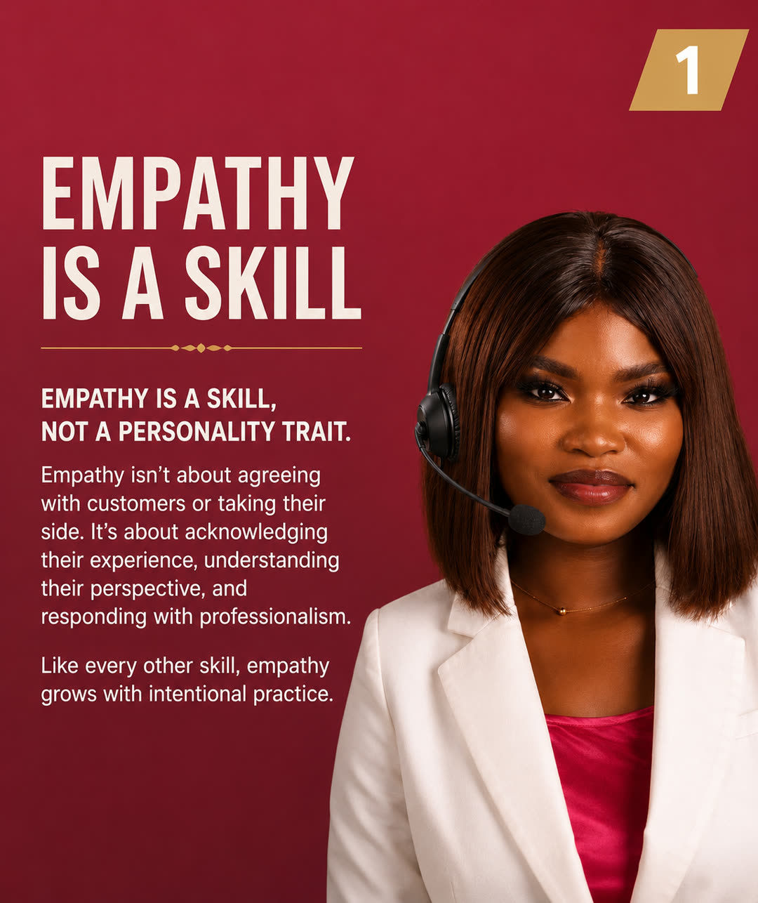 Burgundy and gold carousel slide headlined Empathy Is A Skill, with body copy and a headset portrait