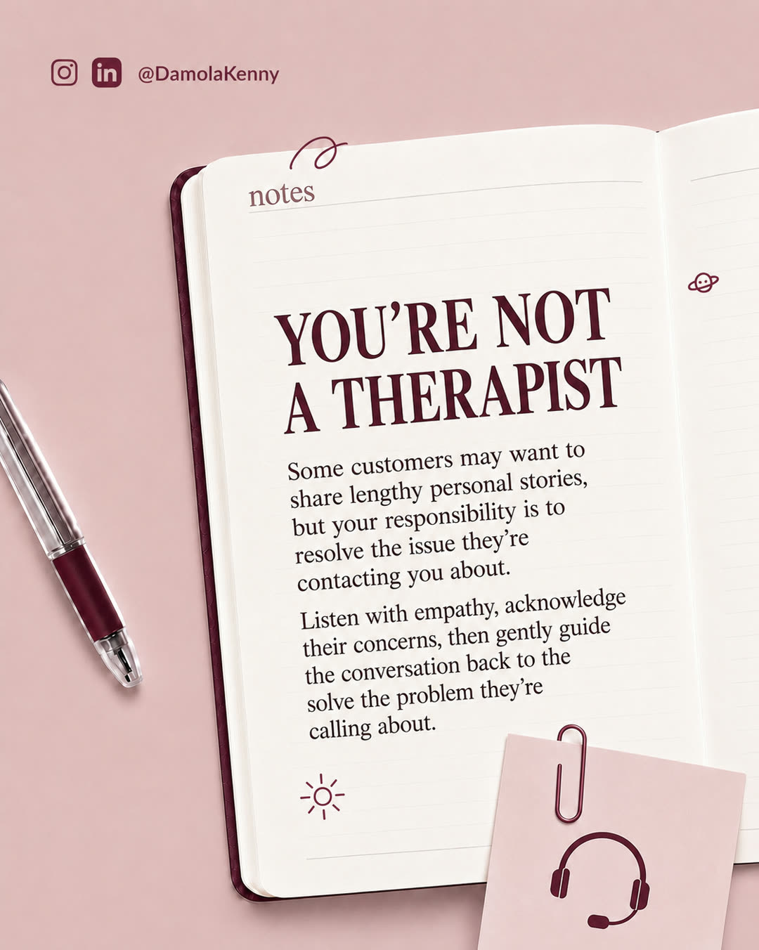 Dusty pink notebook mockup carousel slide headlined You're Not A Therapist, with support guidance in serif type