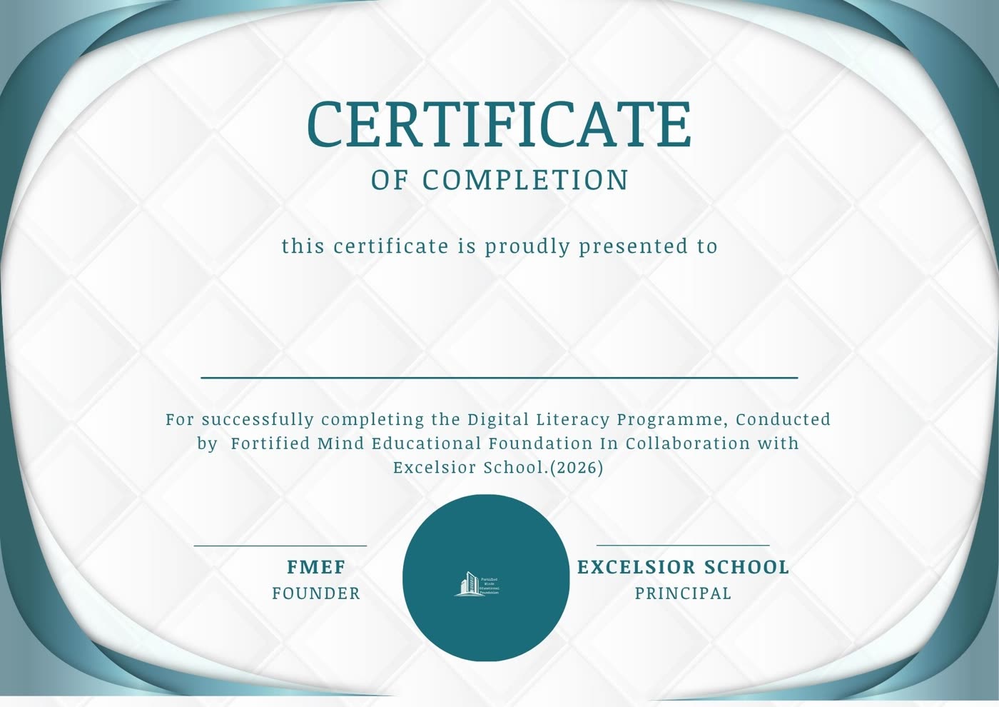 Teal and white Certificate of Completion design for a Digital Literacy Programme, with signature lines and a foundation seal