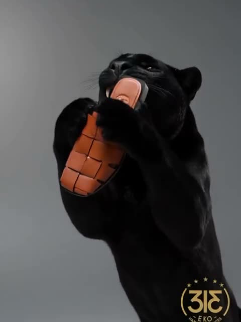 Still from an AI-generated advertisement showing a tan woven leather mule above a black panther