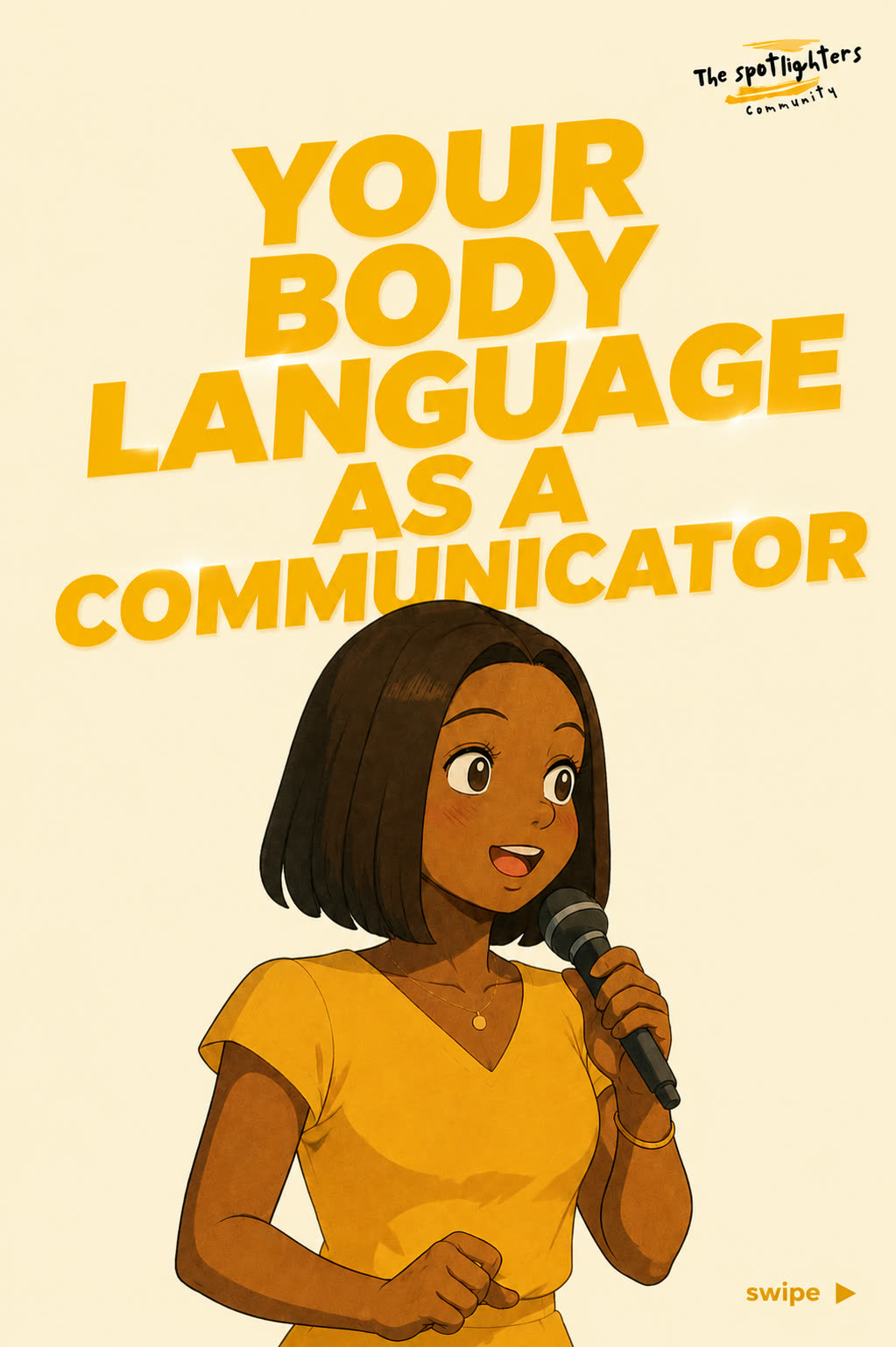 Illustrated amber carousel cover reading Your Body Language As A Communicator, with a speaker holding a microphone