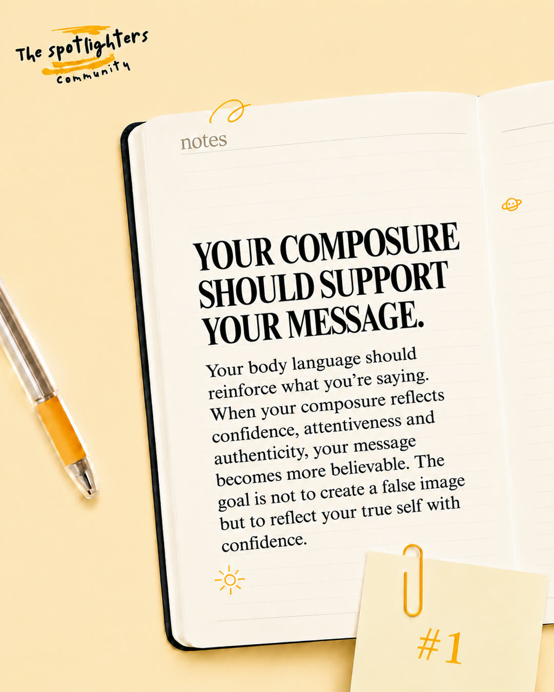 Cream notebook mockup slide headlined Your Composure Should Support Your Message, with body copy on body language