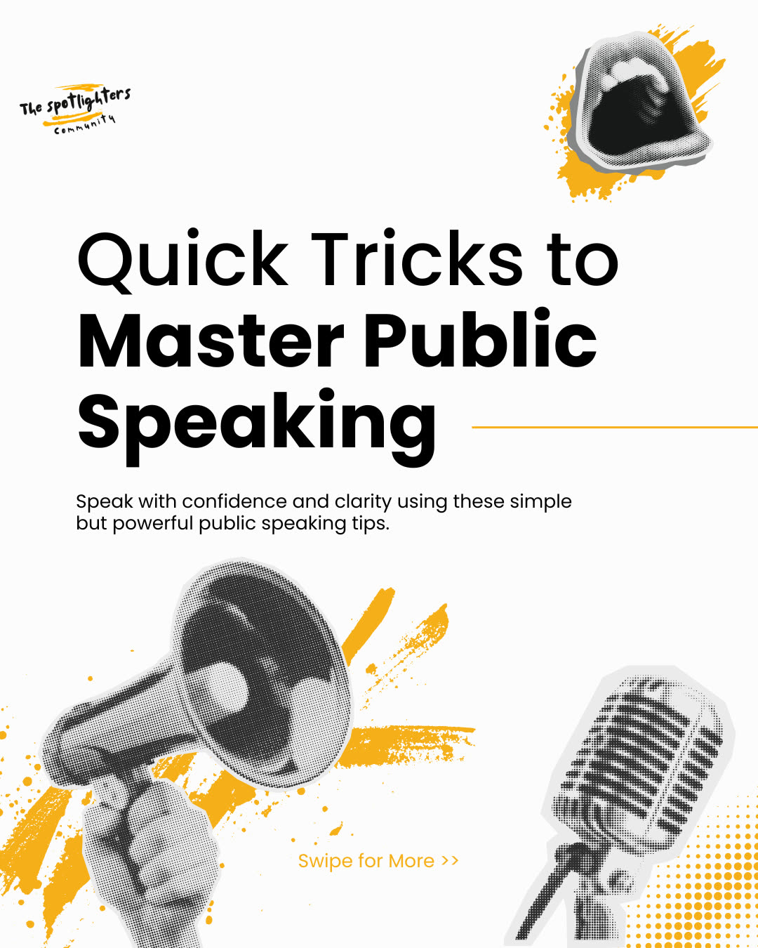 Halftone collage cover reading Quick Tricks to Master Public Speaking, with megaphone and microphone cut-outs on amber brush strokes